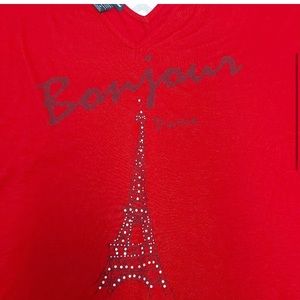 Women’s 2X Bonjour Eiffel Tower V neck shirt by Delirious LA.